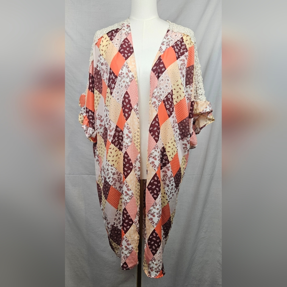 3rd + Malt Patchwork Orange Kimono Sz L Boho Cottagecore Hippie‎